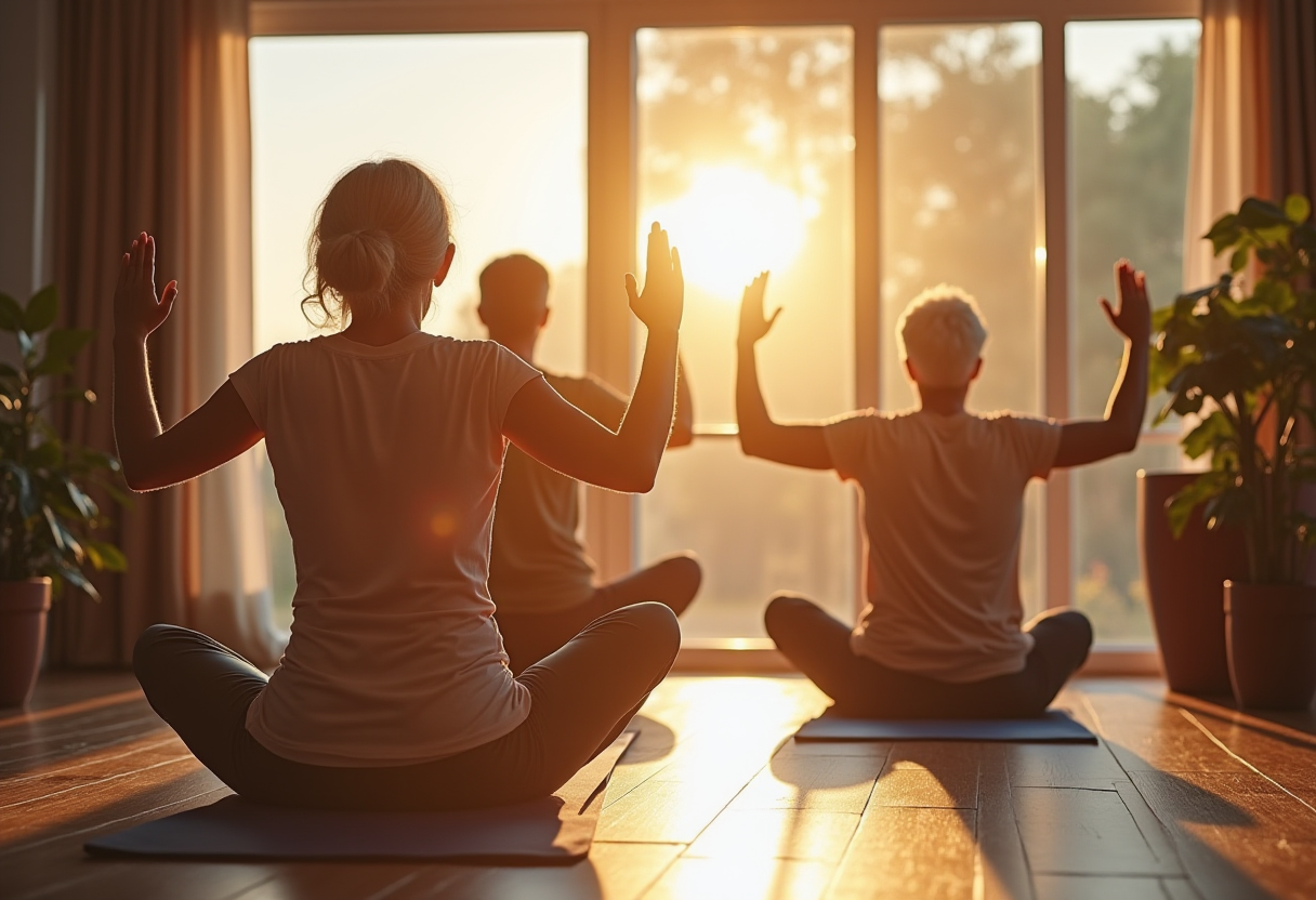 Възрастни хора практикуват йога в спокойна обстановка