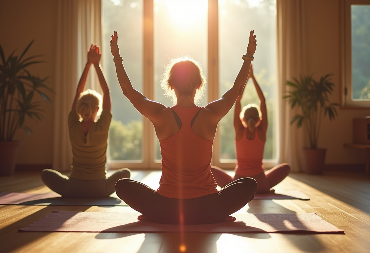 Йога студио с възрастни участници в релаксираща обстановка