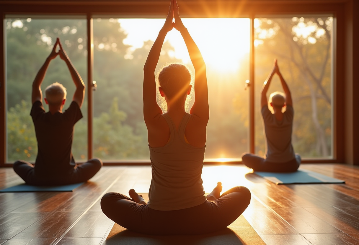 Спокойна йога сесия с възрастни хора в природна обстановка